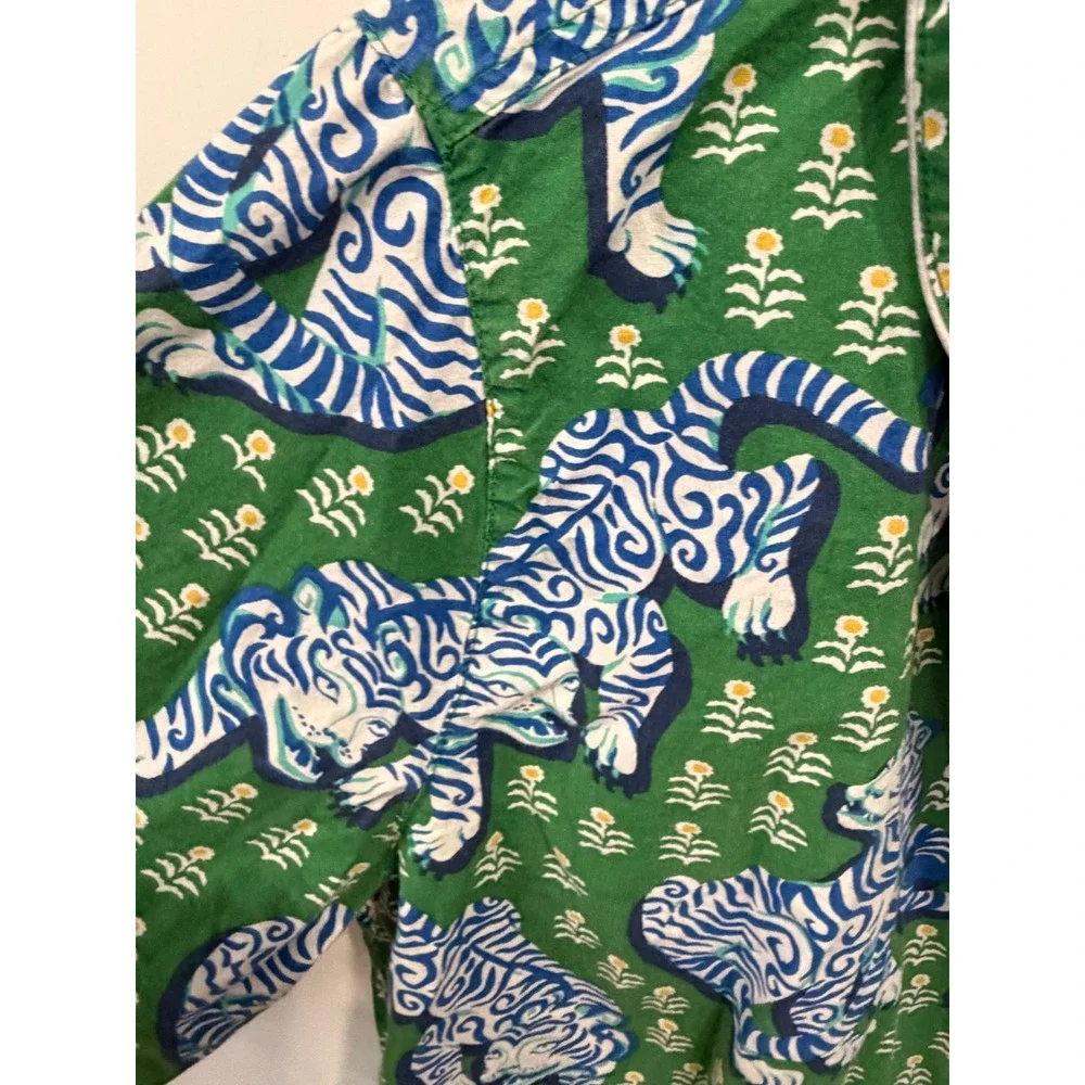 Printfresh Tiger Queen Sleep Shirt Green Blue Cotton Button Front 3/4 Sleeve xs
